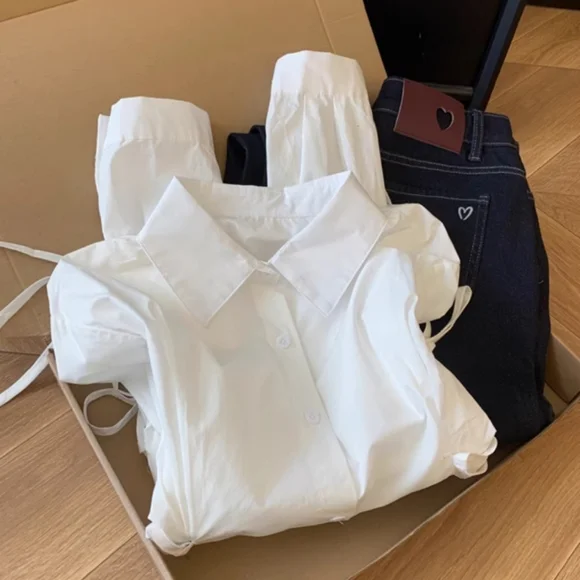 White Side Lace Up Cinched Waist Shirt - Picture 4 of 5